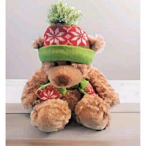 Hugfun Int'l Plush Teddy Bear Brown  Dressed Knit Hat Scarf Winter Holiday Decor